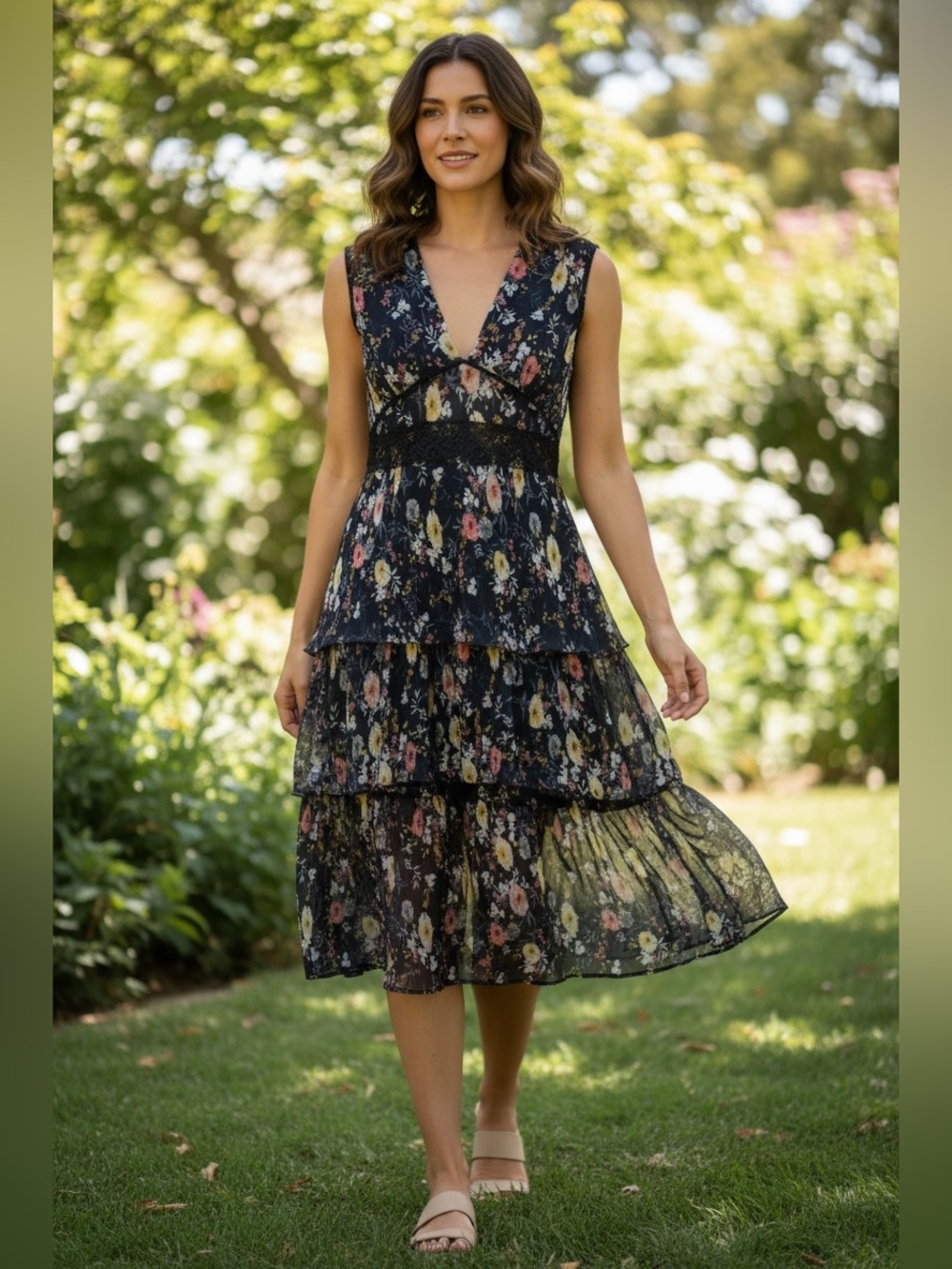 Foxiedox Floral Tiered Midi Dress in Navy Sz XS